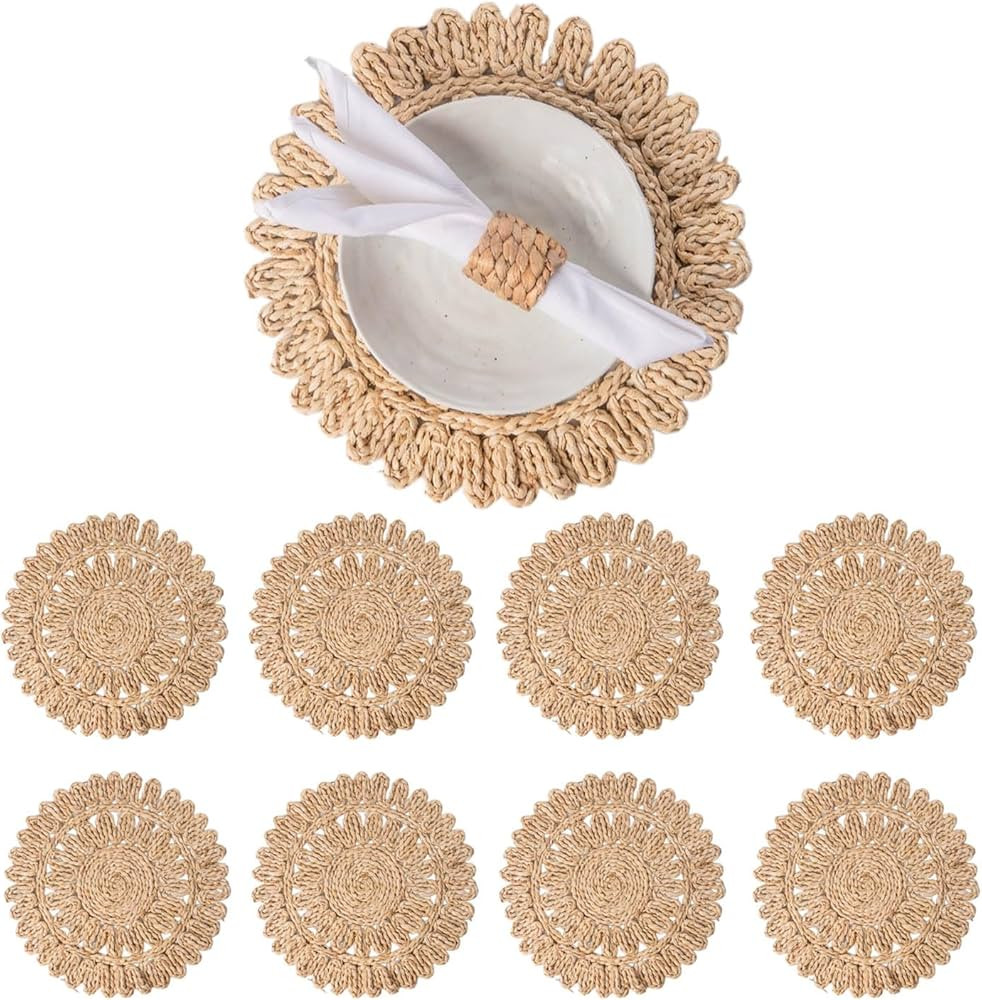 13.8" Set of 8 Round Corn Husk Placemats | Boho Woven Rattan Table Mats | Farmhouse Spring Plate ... | Amazon (US)