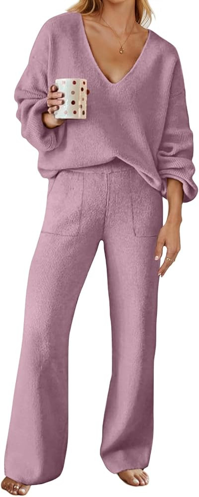 MEROKEETY Women's 2 Piece Outfits Long Sleeve V Neck Knit Pullover Tops and Wide Leg Pant Lounge ... | Amazon (US)