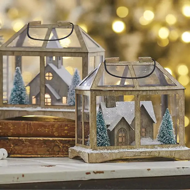 Light Up Winter Scene Terrarium Set of 2 | Antique Farm House