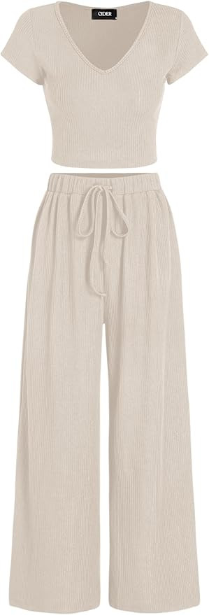 CIDER V-neck Short Sleeve Crop Tee & Knotted Wide Leg Pants Set | Amazon (US)