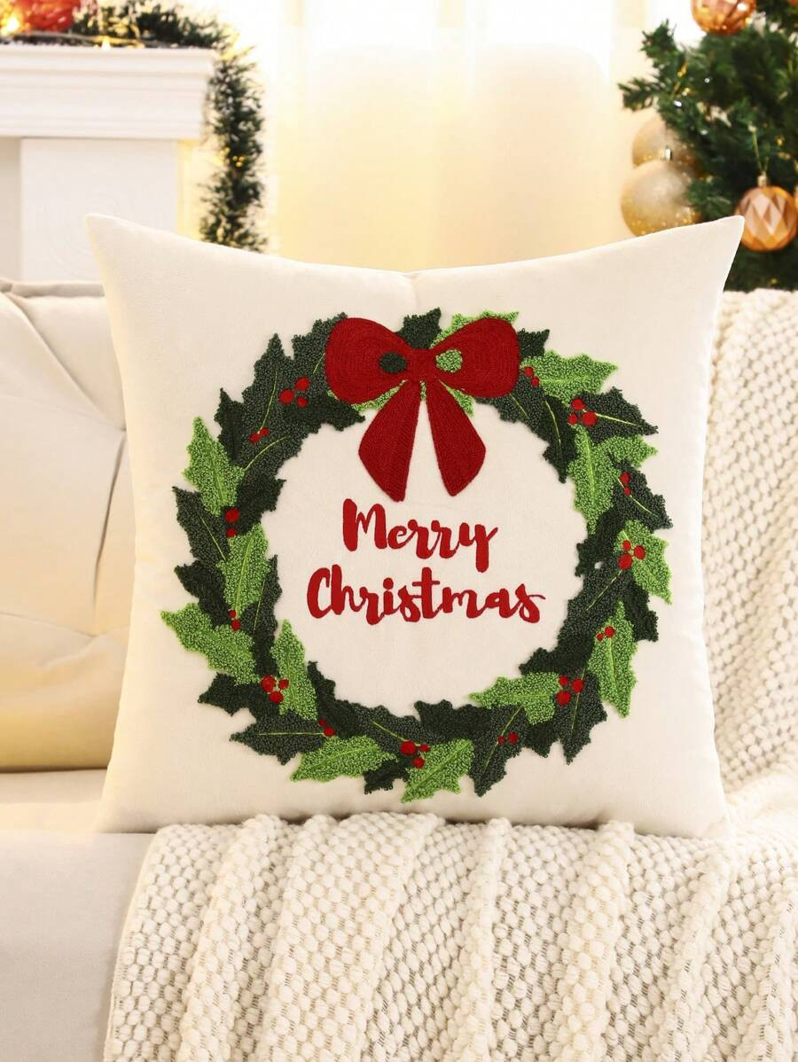 1pc Christmas Decorative Throw Pillow Cover With Christmas Tree & Wreath Embroidery, Soft Plush F... | SHEIN
