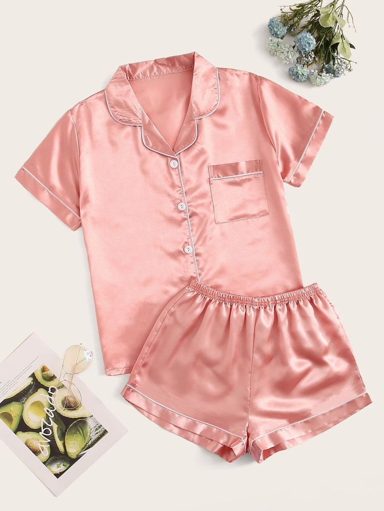 Contrast Binding Satin Pajama Set | SHEIN