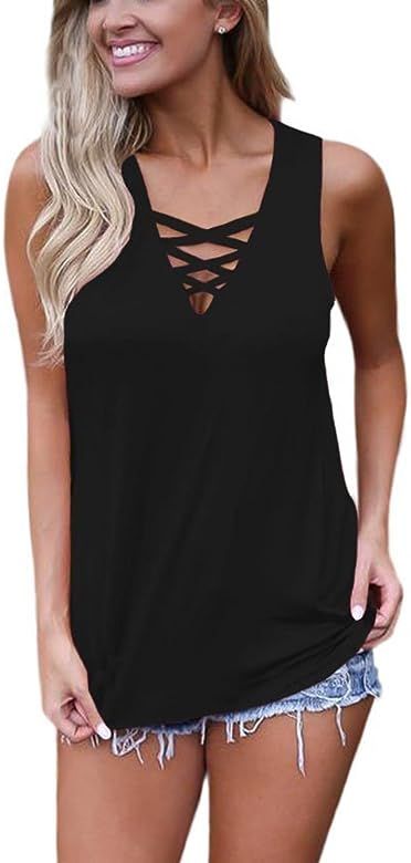 Womens Tank Tops Summer Tops Casual Cami Shirts Basic Lace up Blouse S-XL | Amazon (US)