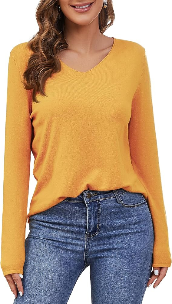 Women's V Neck Pullover Sweater Long Sleeve Soft Knit Lightweight Jumper Tops | Amazon (US)