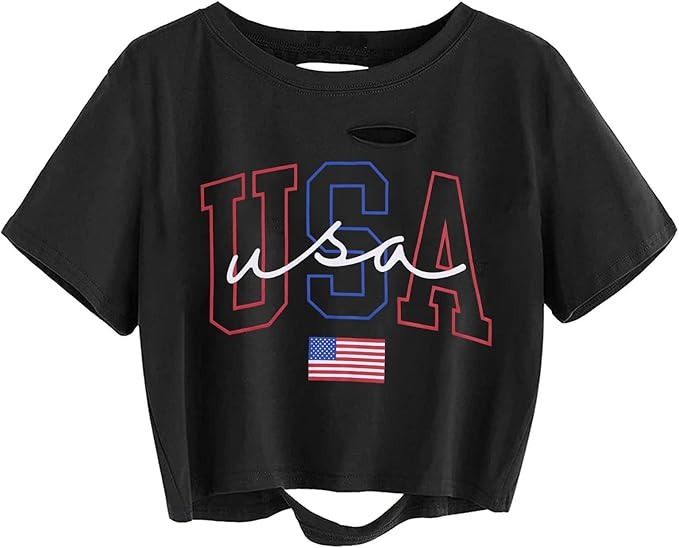 American Flag Crop Tops Women USA Crop Shirt Patriotic 4th of July Tee USA Shirts for Women | Amazon (US)