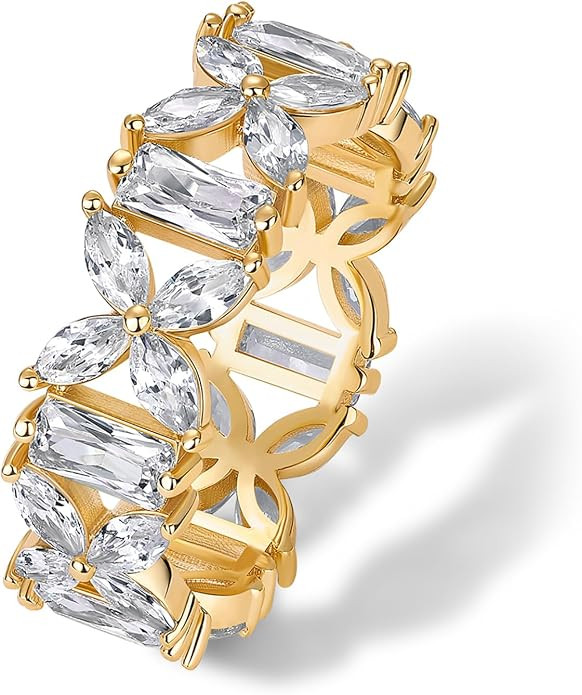 PAVOI Anillos de eternidad chapados en oro de 14 quilates con circonita c\u00fabica en corte marq... | Amazon (US)