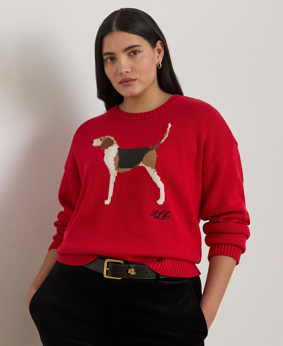 Lauren Ralph Lauren Plus Size Intarsia-Knit Foxhound Sweater - Ralph Red Multi | Macy's