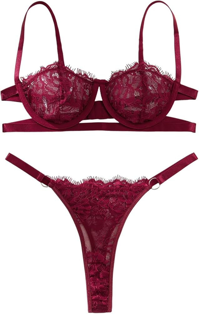 Lilosy Sexy Eyelash Underwire Floral Lace Sheer O Ring Linked Cutout Lingerie Set | Amazon (US)