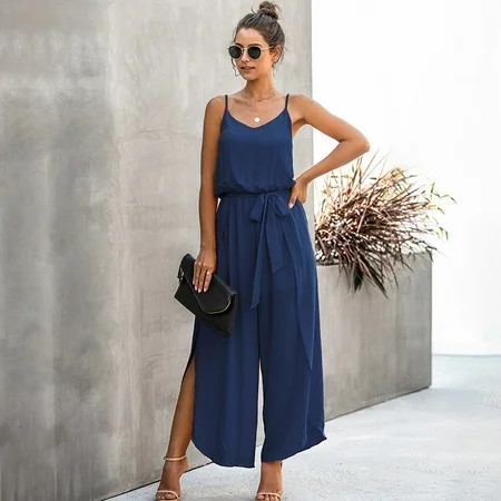 Women Jumpsuits Sleeveless Spaghetti Strap Backless Self-tie Bandage Split Wide Leg Pants Long Overa | Walmart (US)