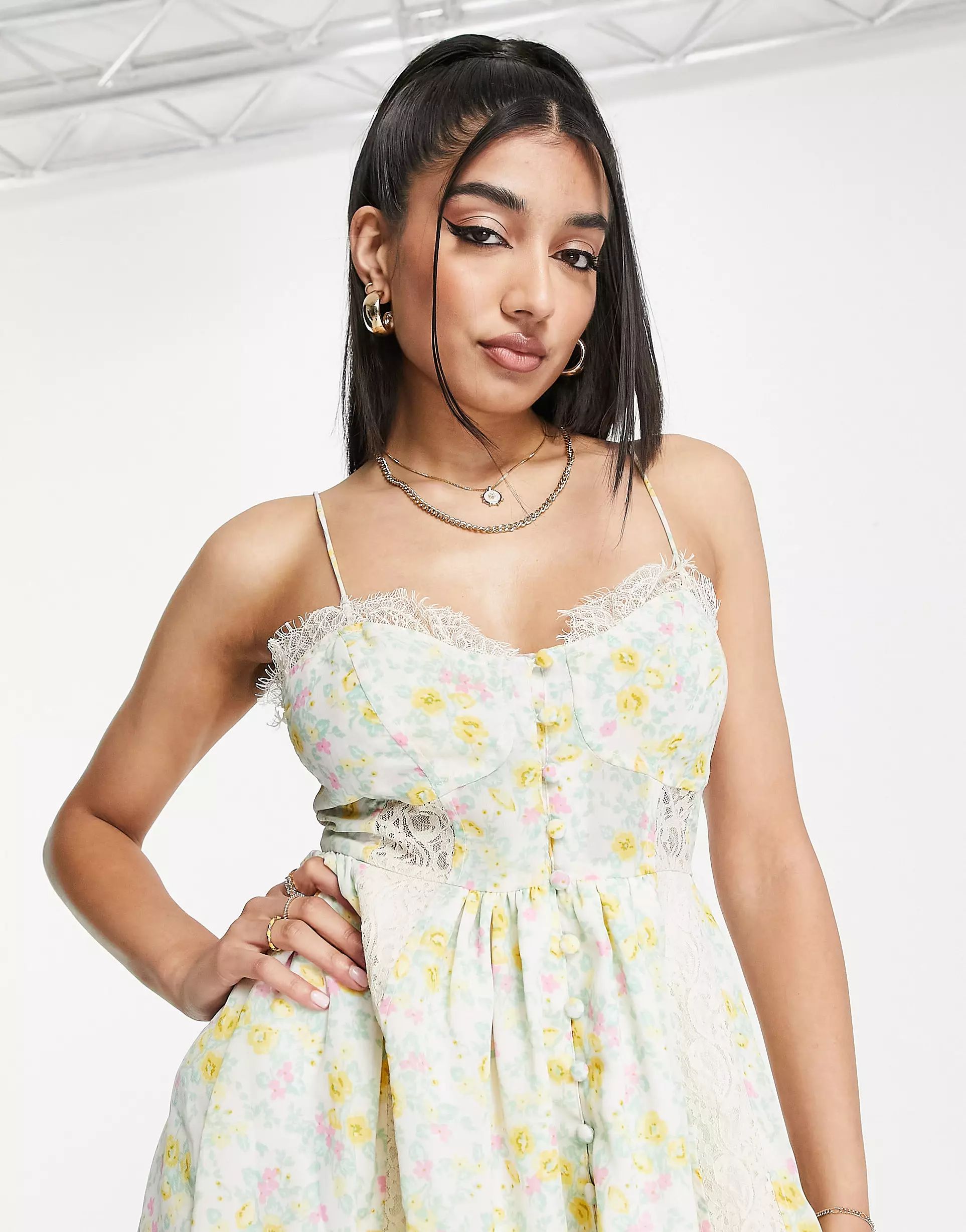 ASOS DESIGN lace trim button up cami sundress in ditsy floral print | ASOS (Global)