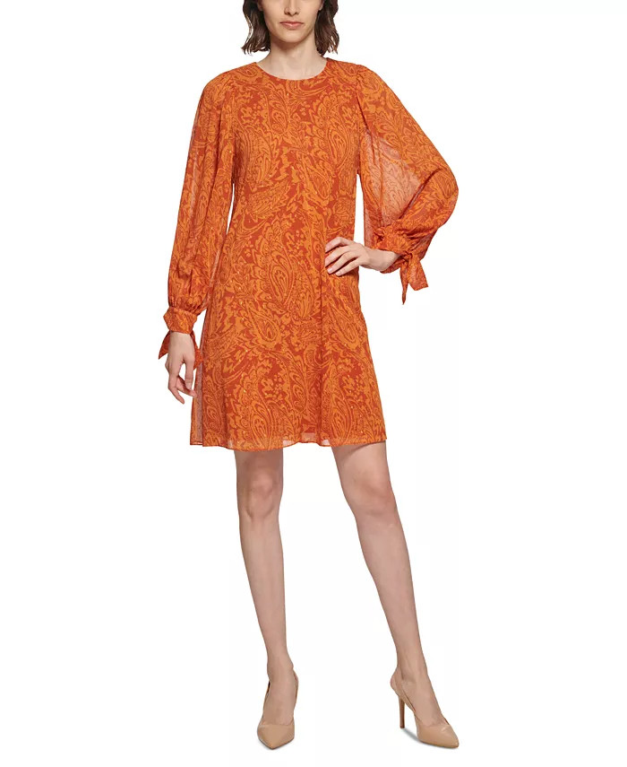 Petite Paisley Tie-Cuff Balloon-Sleeve Dress | Macys (US)