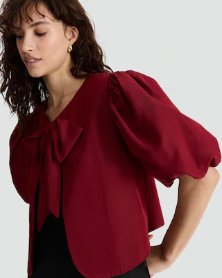 F&F Puff Sleeved Bow Accent Blouse in Red | Tesco F&F