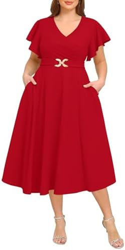Pinup Fashion Women Plus Size Dresses for Wedding Guest - Cocktail Semi Formal A-Line Midi Dress ... | Amazon (US)