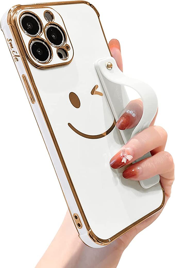 Facweek iPhone 13 Pro Max Case with Strap Holder Stand, Cute Girly Smile Face Design Plating Anti... | Amazon (US)