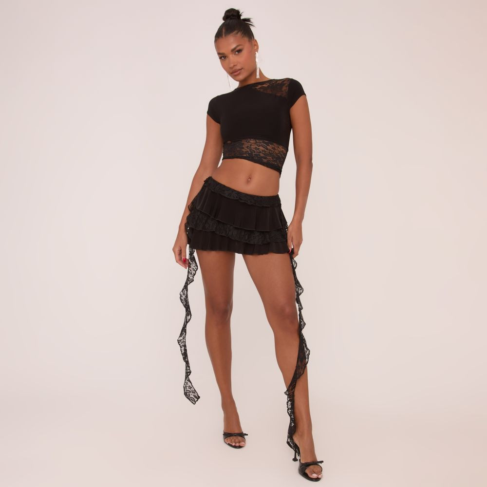 Low Rise Lace Detail Frilly Mini Skirt In Black Slinky | EGO (UK)