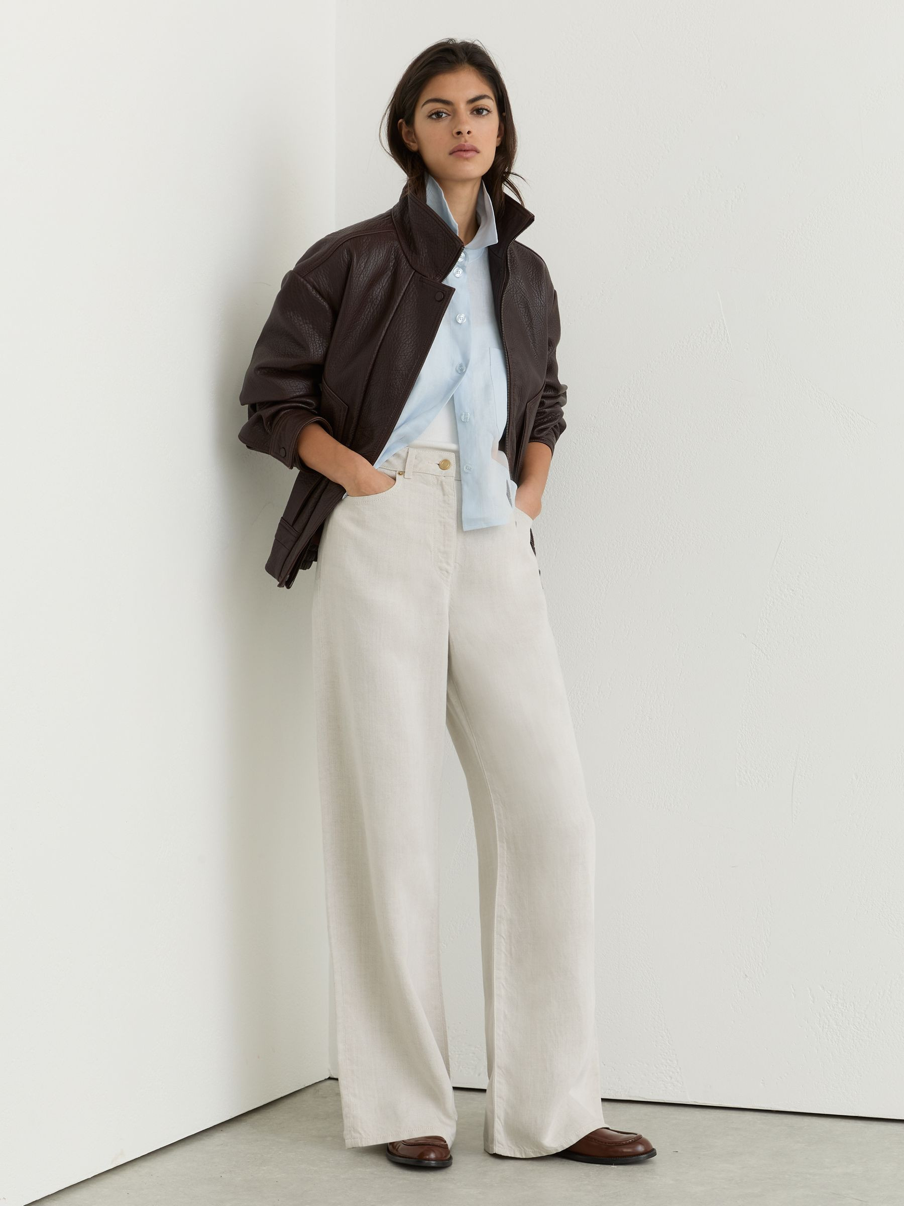 Reiss Lyocell-Linen Wide-Leg Trousers in Neutral - REISS | Reiss UK