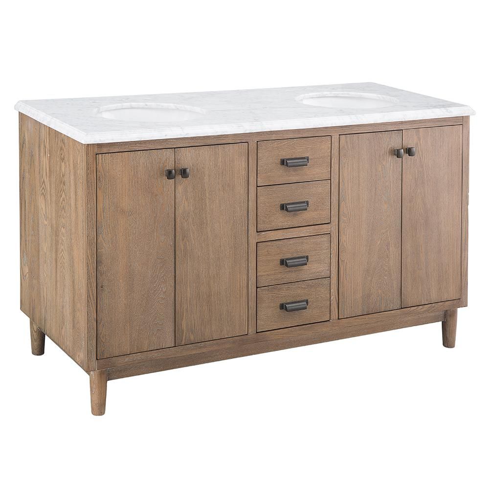 Brisbane 61 in. W x 22 in. D Double Bath Vanity in Weathered Grey Oak with Natural Marble Vanity ... | The Home Depot