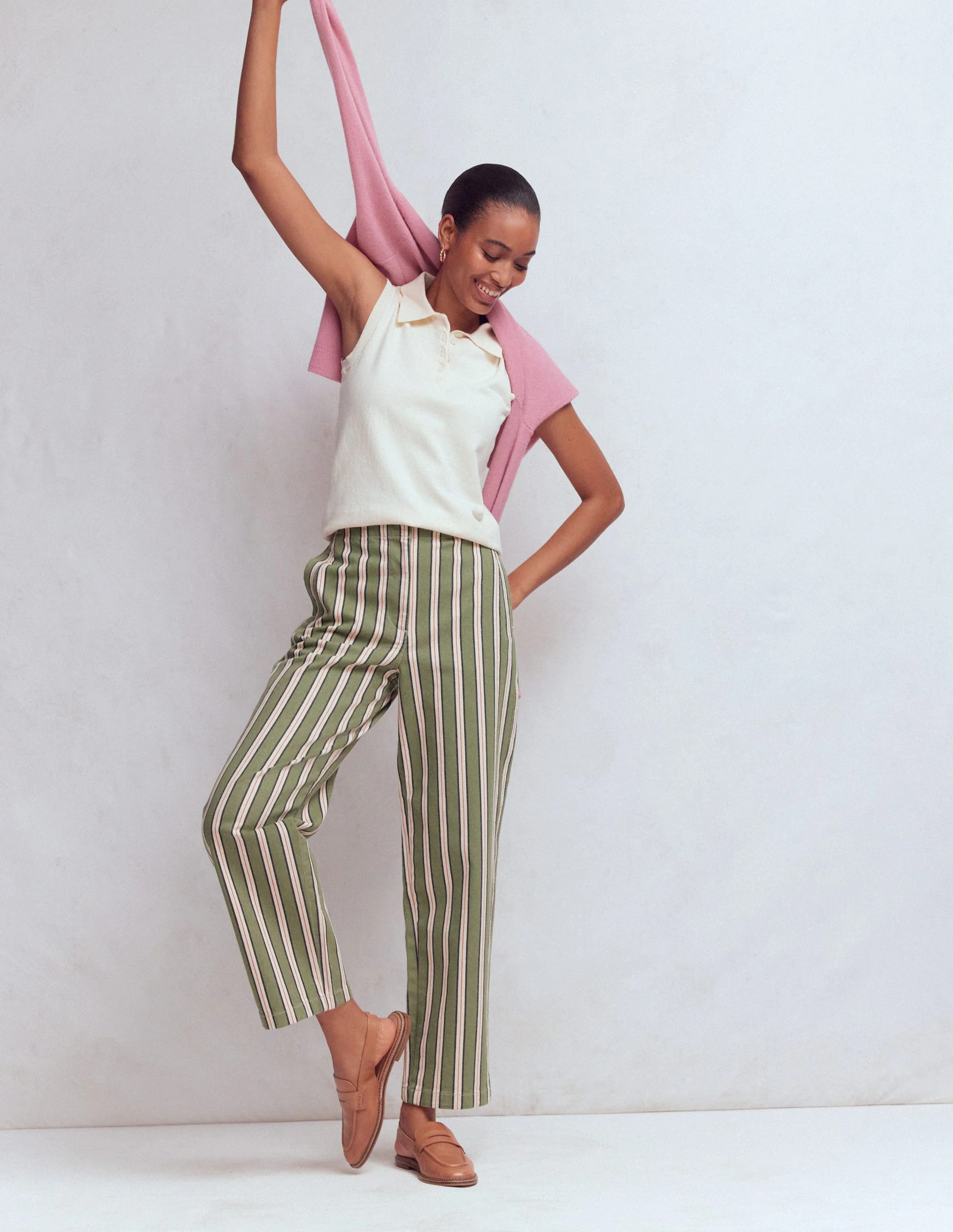 Barrel Leg Chino Trousers-Green, Navy, Pink Stripe | Boden (US)