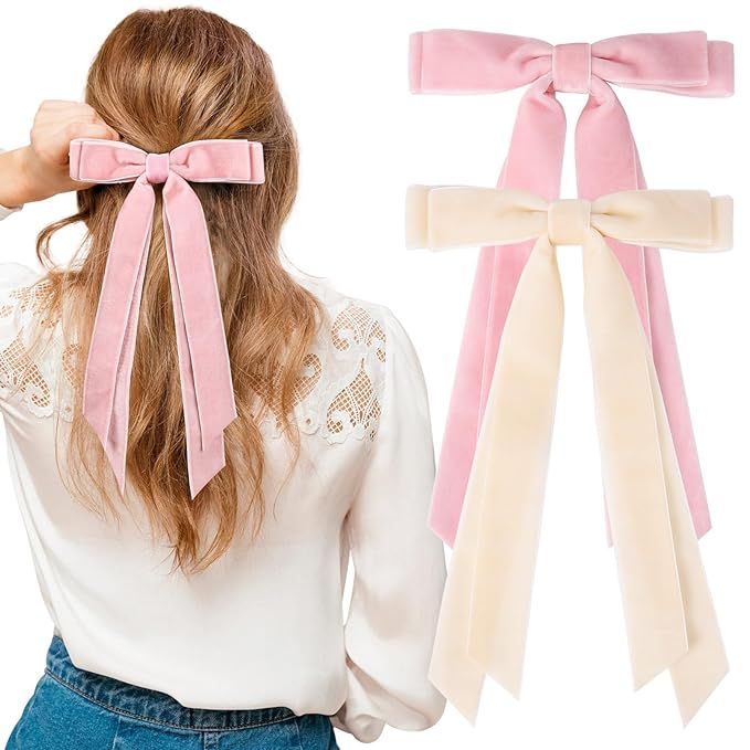 2PCS Velvet Hair Bows Ribbon Hair Clip Beige Pink Accessories Ponytail Holder Accessories Slides ... | Amazon (US)