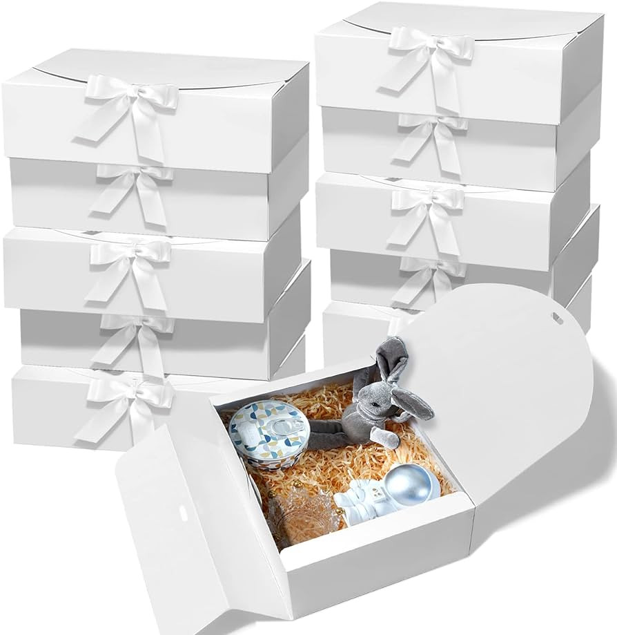 10 PCS Gift Boxes with Lids, 10.6x7.8x3.1 Inch Kraft Paper Gift Box, White with Ribbon, Bridesmai... | Amazon (US)