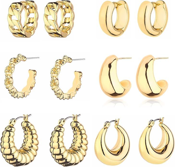 Gold Chunky Hoop Earrings Set for Women, 14K Gold Plated Twisted Huggie Hoop Earring Hypoallergen... | Amazon (US)