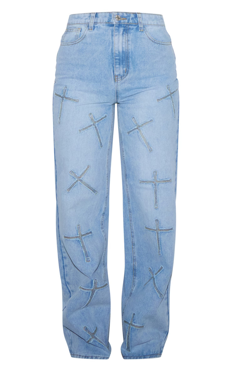 Light Blue Distressed Cross Detail Straight Leg Denim Jeans | PrettyLittleThing US