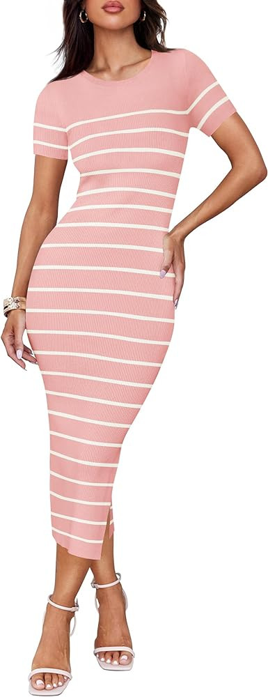 ZESICA Women's Summer Bodycon Midi Dress 2024 Striped Short Sleeve Ribbed Knit Slim Fit Side Slit... | Amazon (US)