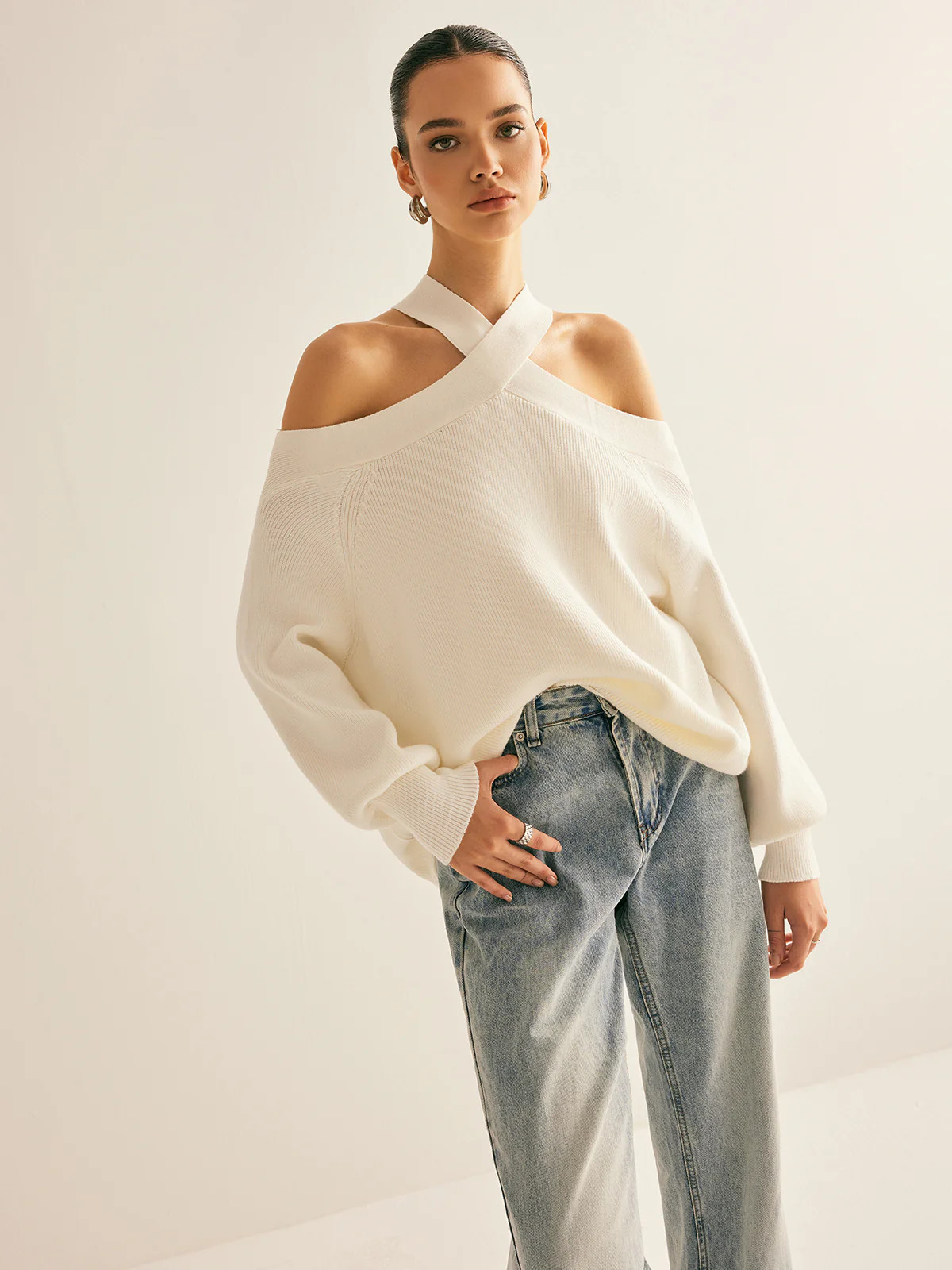 Cross-Over Collar Cold-Shoulder Sweater | Commense
