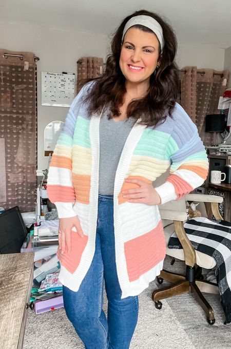 I love this SHEIN find: rainbow cardigan (XL) perfect for spring! I paired it with an Old Navy Bodysuit and rockstar jeans! Curvy midsize fashion spring fashion spring cardigan rainbow cardigan teacher style 

#LTKstyletip #LTKcurves #LTKFind