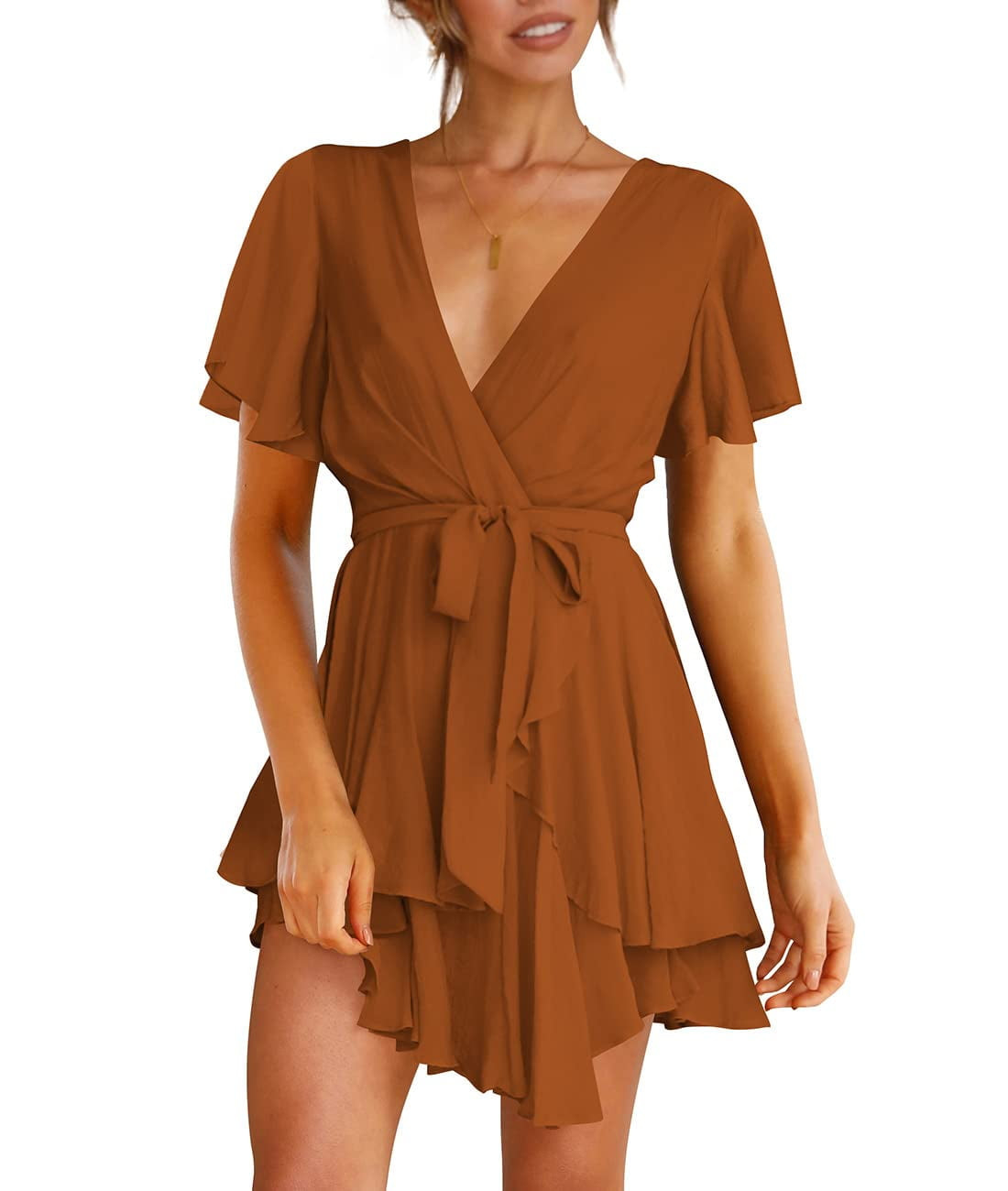 HAOMEILI Women's Dress Deep V-Neck Short Sleeve Waist Tie Ruffle Mini Swing Skater Dresses | Walmart (US)