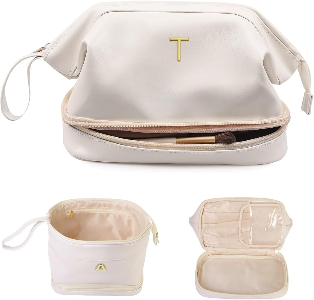 Birthday Gifts for Girls, Initial Large Makeup Bag, Personalized Double Layer Cosmetic Bag with M... | Amazon (US)