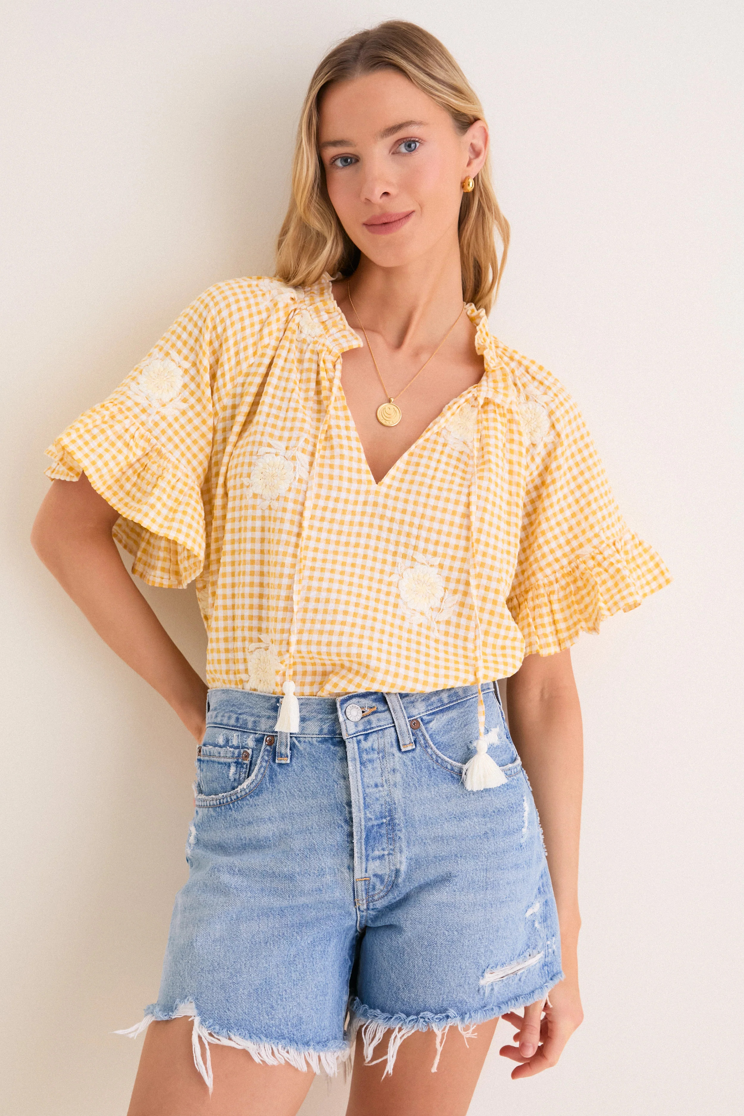 Honey Gingham Embroidered Gingham Cassis Top | Tuckernuck (US)