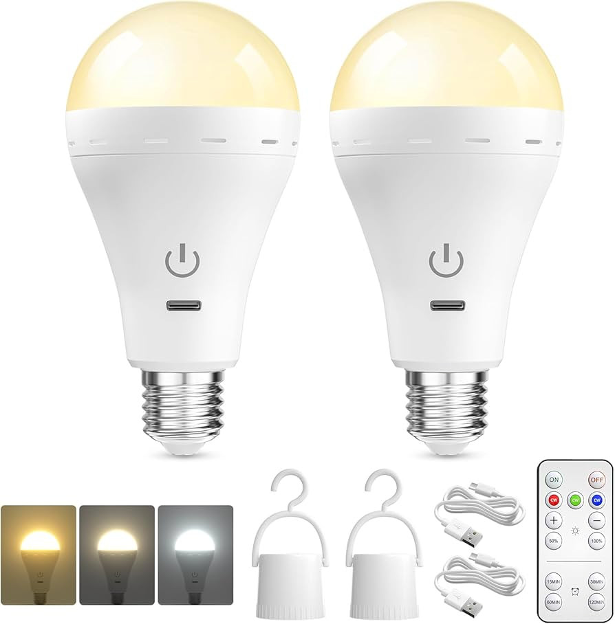 E26 Rechargeable Led Light Bulbs with Remote, 3 Colors Dimmable E26 Battery Operated Light Bulb w... | Amazon (US)