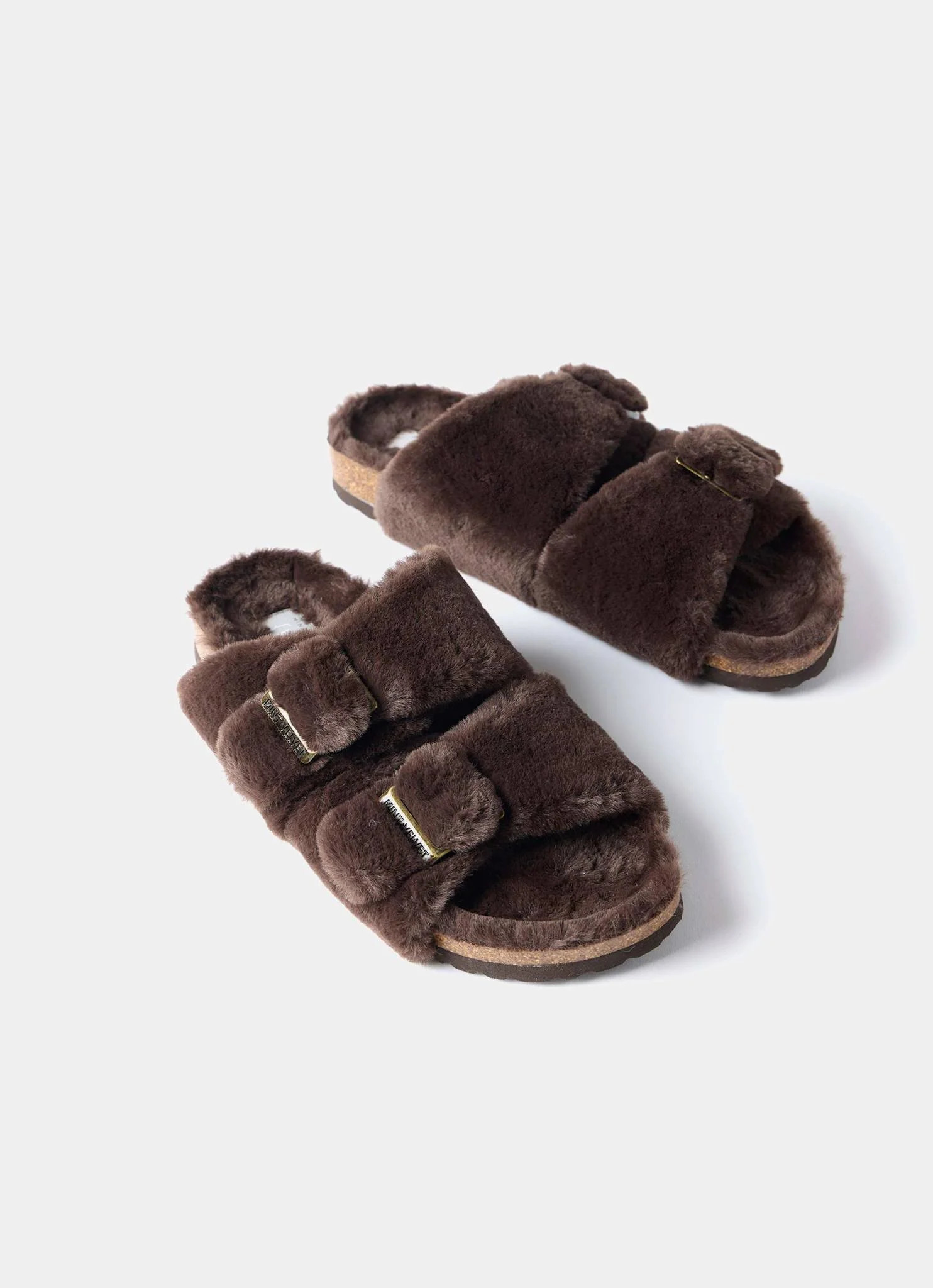 Chocolate Brown Faux Fur Buckled Slippers | Mint Velvet