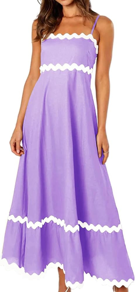 calbatic Women Summer Square Neck Dress Spaghetti Straps Sleeveless Smocked Rickrack Trim Maxi Dr... | Amazon (US)