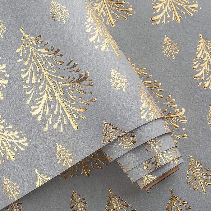 Flyhill Kraft Christmas Wrapping Paper,Gray and Gold 3D Embossed Foil Christmas Tree with Woodlan... | Amazon (US)