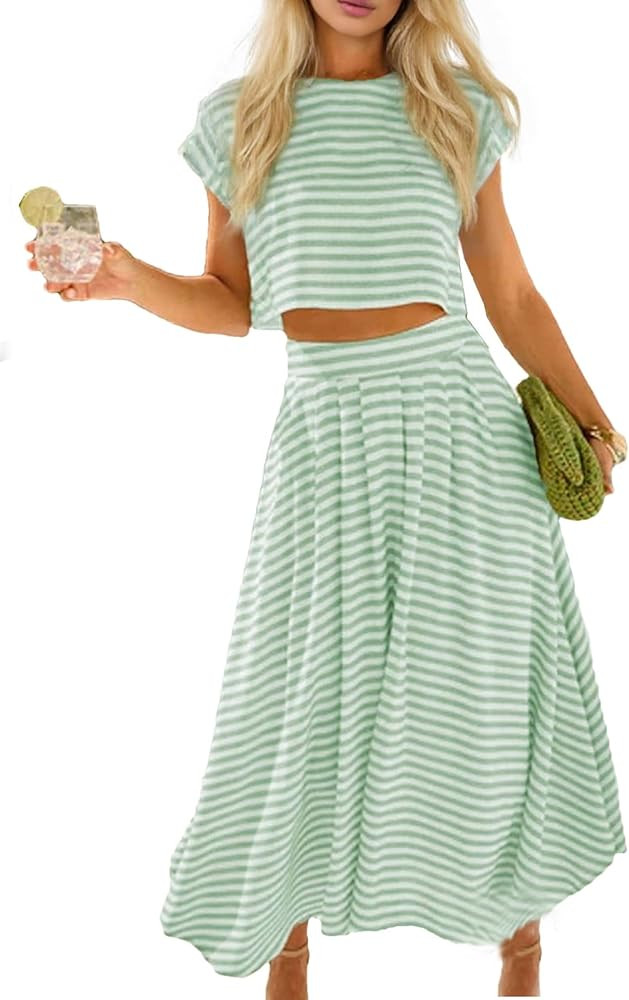 Womens 2 Piece Skirts Sets Striped Cap Sleeve Cropped Tops Elastic Waist Midi Dress Lounge Travel... | Amazon (US)