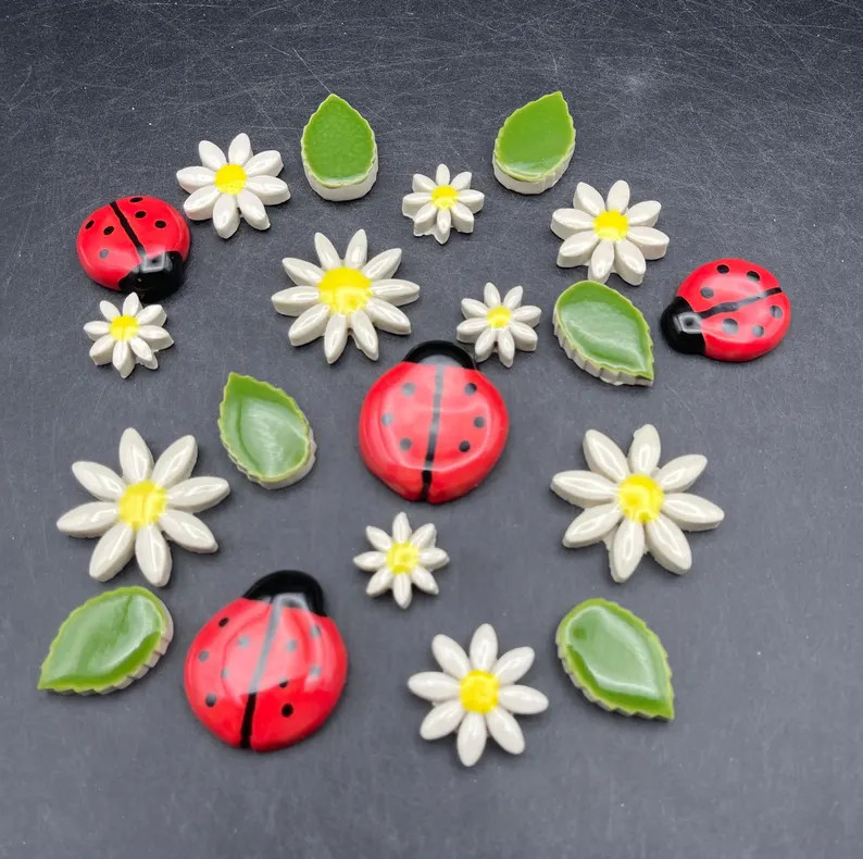 Ladybug Tiles, Flower, Leaf Tiles Handmade Ceramic Lady Bugs, Flowers, Lady Birds. Mosaic Tiles, ... | Etsy (US)