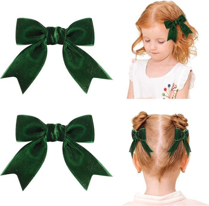 Green Velvet Hair Bows, 3" Hair Ribbon Clips Fall Alligator Clips Hair for Women Girls Toddlers K... | Amazon (US)