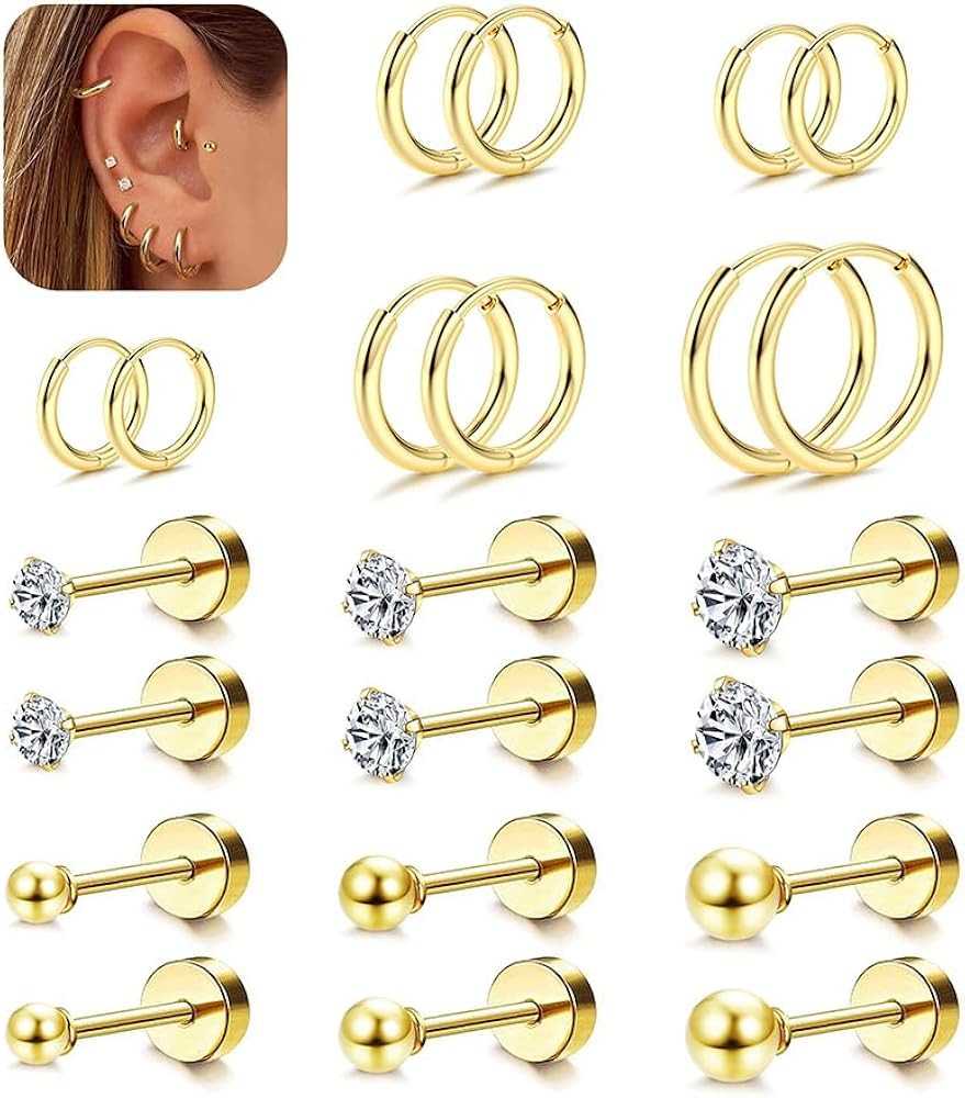 LOLIAS Small Hypoallergenic Flat Back Stud Earrings for Women Men 14K Gold Plated Surgical Stainl... | Amazon (US)