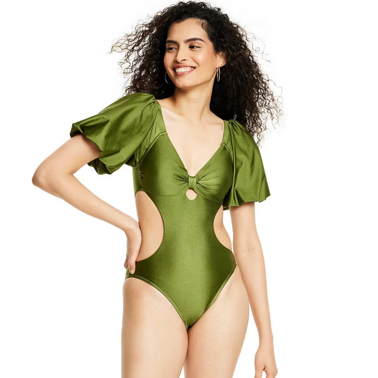 Women's Metallic Puff Sleeve Cut Out Medium Coverage One Piece Swimsuit - Fe Noel x Target Dark O... | Target