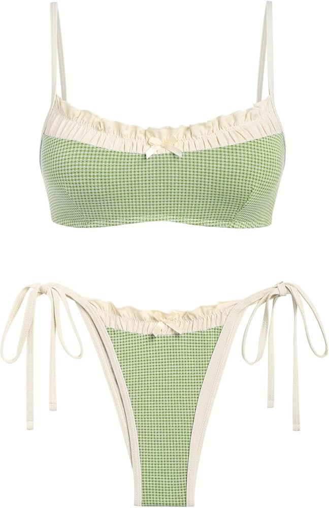 seamoly Gingham Spliced Ruched Ruffles Trim Bowknot Decor Tie Side Bikini Set | Amazon (US)