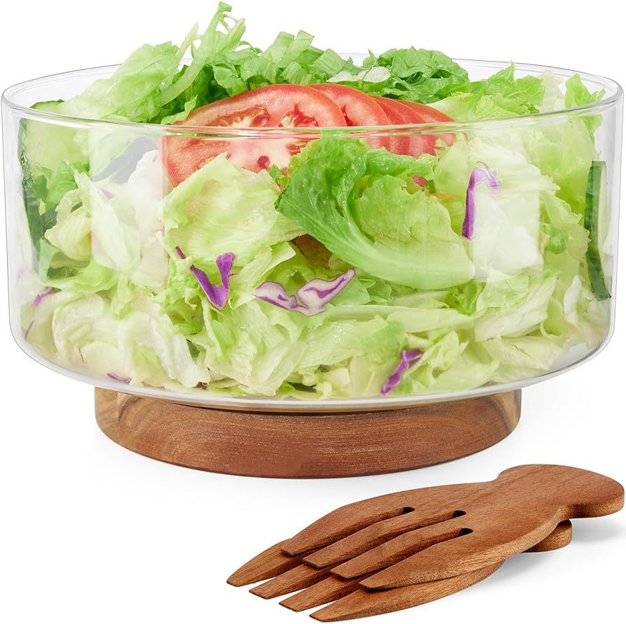 HouseJoy Large Salad Bowl Set, Glass Salad Bowl with Acacia Wood Base and Salad Hands, Serving Bo... | Amazon (US)