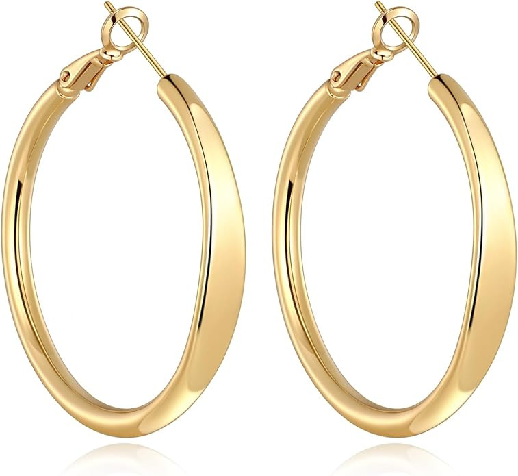 Flat Edge Chunky 14k Gold Plated Hoop Earrings for Women Trendy | Amazon (US)