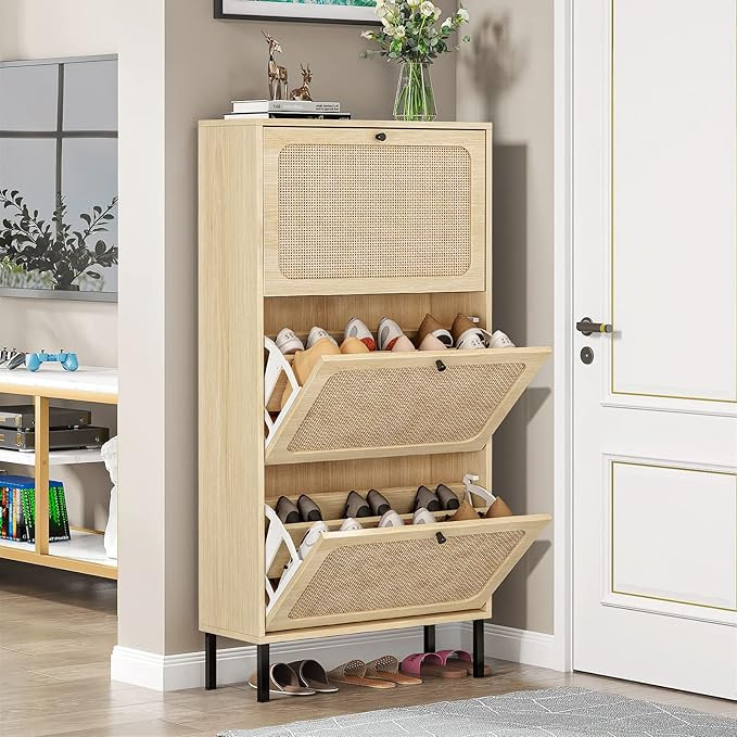 Sweiko 3 Flip Drawer Shoe Cabinet Natural Rattan Shoe Cabinet Organizer Freestanding Wooden Shoe ... | Amazon (US)