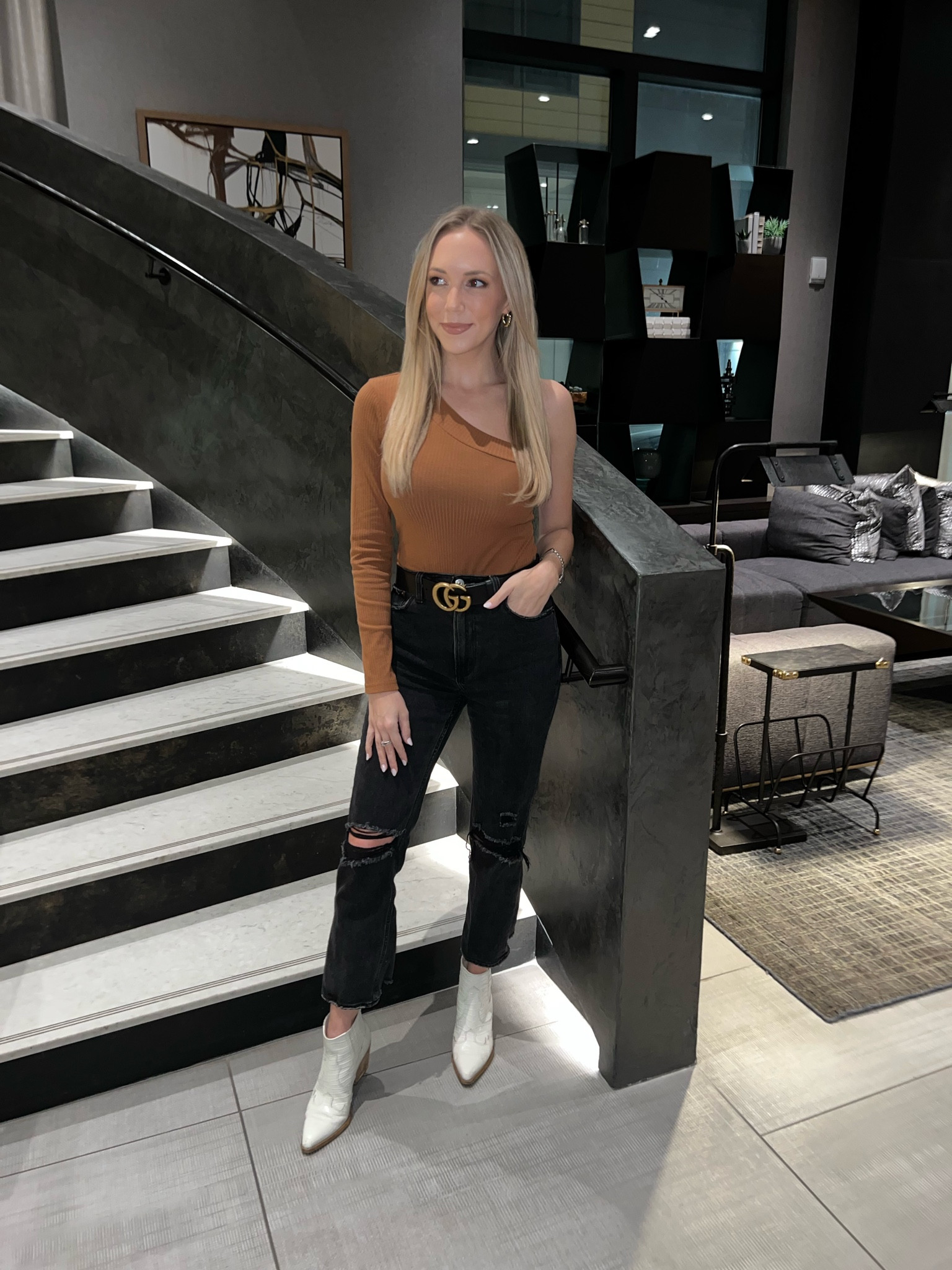 Fall outfit, date night outfit, black jeans, white booties, straight leg jeans, Gucci belt, one shoulder bodysuit 

#LTKunder100 #LTKunder50 #LTKSeasonal