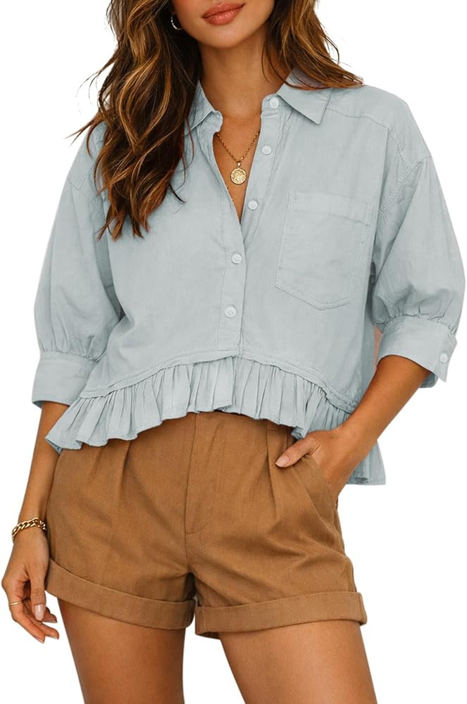 CHYRII Womens Summer Tops Dressy Casual Blouse Top Ruffled Short Sleeve Button Down Striped Shirt | Amazon (US)
