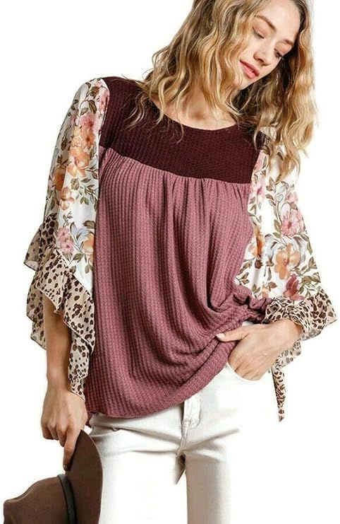 umgee USA Floral & Animal Print Butterfly Sleeves Waffle Knit Top | Amazon (US)