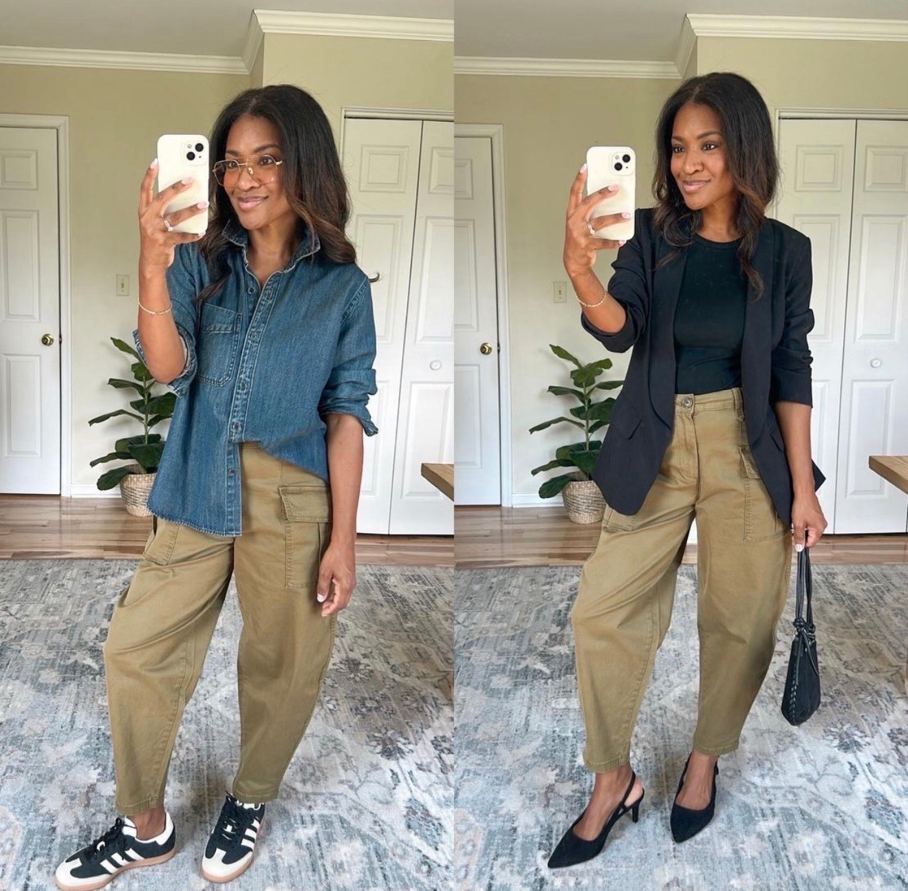 Denim shirt: Small
Black top: Small
Blazer: Medium
Pants: Small / Size 4
Shoes: Size 9
Adidas sneakers: Size down ½ size

#LTKgrwm #LTKootd #LTKOver40