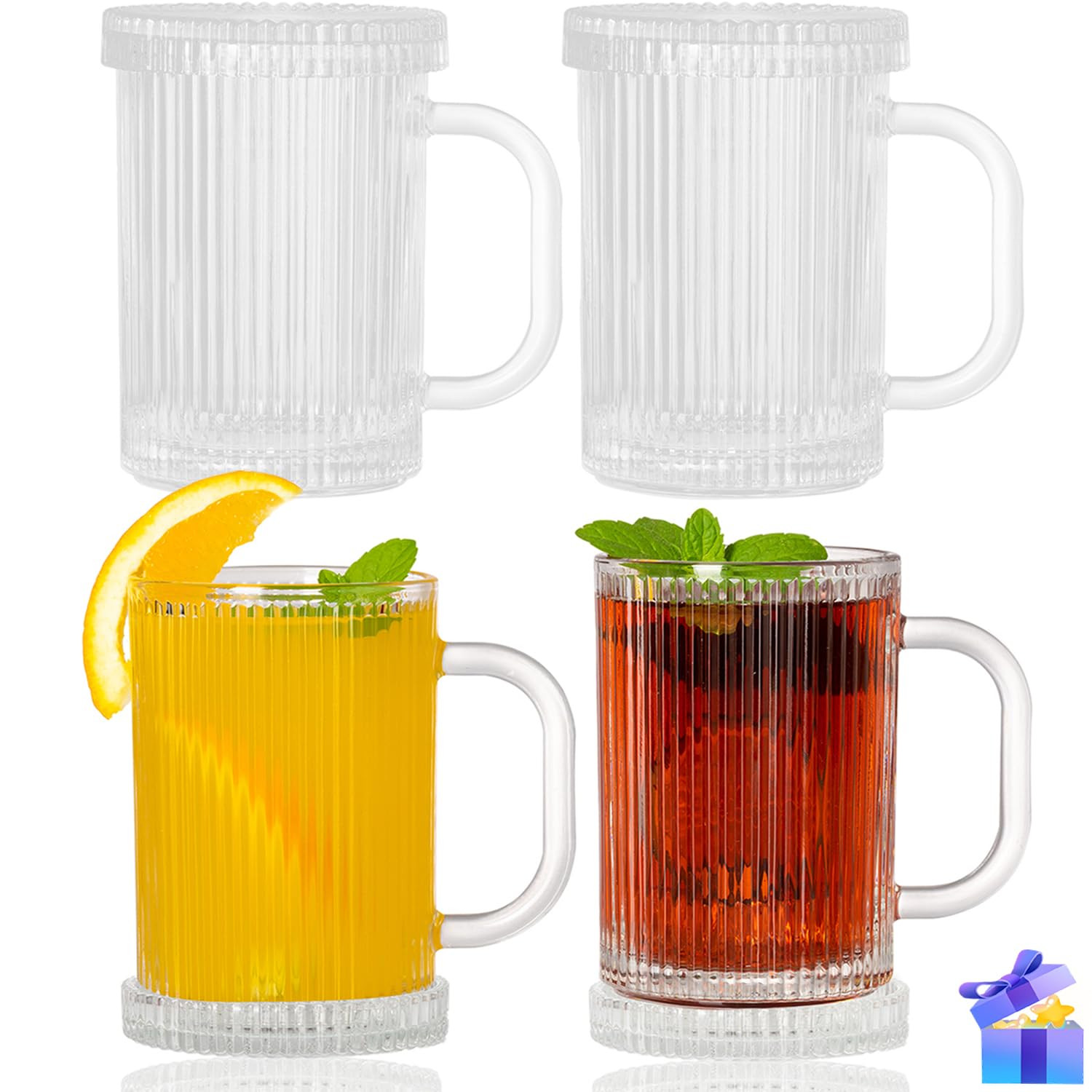 Glass Coffee Mugs Clear Mug - 13 Oz Ribbed Mugs Classical Vertical Stripes Glass Tea Cups With Lids Set of 4 - Elegant Lovely Present for Anniversary Weddings Christmas Birthday | Amazon (US)